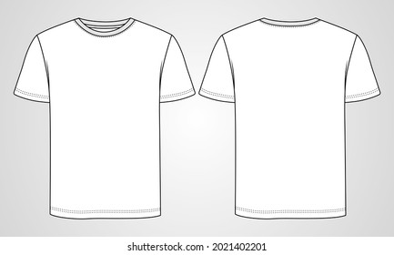 Modelo de sketch técnico de camisetas de manga corta de ajuste regular Plano plano con cordón redondo. Ilustración vectorial diseño de prendas de vestir básica vista frontal y trasera. Fácil edición y personalizable.