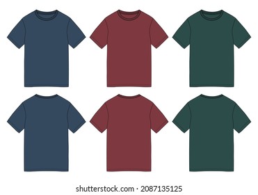 Regular fit Short sleeve T-shirt technical Sketch fashion Flat Template With Round neckline Front and back view. Blue, red and green  color mock up cad Vector illustration basic apparel design.