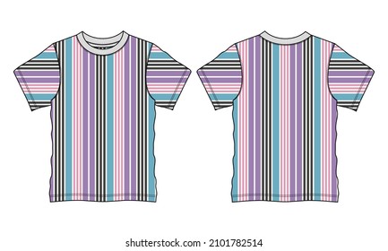 Regular fit Short sleeve T-shirt With Yarn Dye All over Colorful Stripe technical Sketch fashion Flat Template Front and back views. Vector illustration basic apparel design Easy edit and customizable
