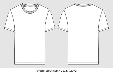 Regular fit Short sleeve T-shirt technical Sketch fashion Flat Template With Round neckline Front and back view. Clothing Art Drawing Vector illustration basic apparel design Mock up.
