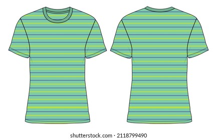 Regular fit Short sleeve T-shirt With All over Yarn dye Stripe technical Sketch fashion Flat Template.  Vector illustration basic apparel design front and Back view. Easy edit and customizable.
