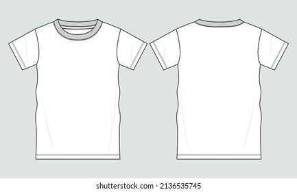 Regular fit Short sleeve T-shirt technical Sketch fashion Flat Template With Round neckline Front and back view. Clothing Art Drawing Vector illustration basic apparel design Mock up.
