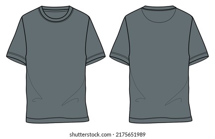 Regular fit Short sleeve T-shirt technical Sketch fashion Flat Template With Round neckline Front and back view. Clothing Art Drawing Vector illustration basic apparel design grey color Mock up.
