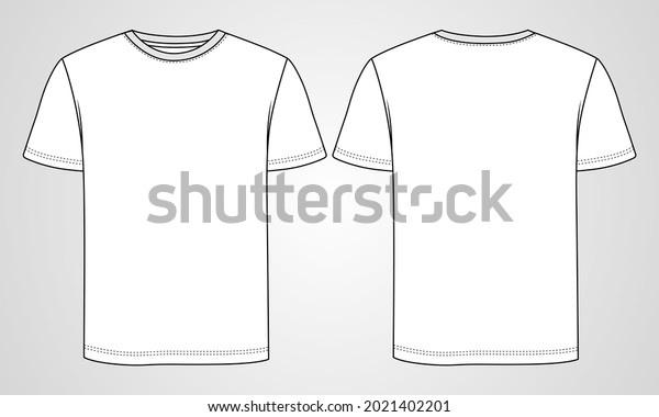 Regular fit\
Short sleeve T-shirt technical Sketch fashion Flat Template With\
Round neckline. Vector illustration basic apparel design front and\
Back view. Easy edit and\
customizable.