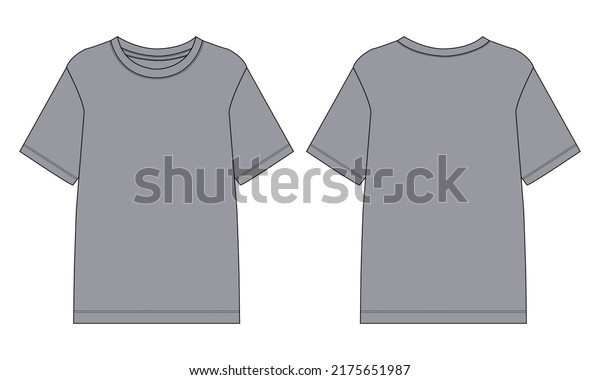 Regular fit Short sleeve T-shirt technical Sketch\
fashion Flat Template With Round neckline Front and back view.\
Clothing Art Drawing Vector illustration basic apparel design grey\
color Mock up.\
