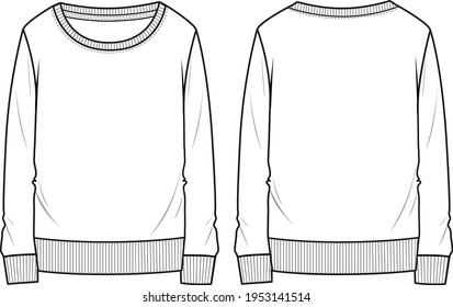 Regular Fit Unisex Basic Sweatshirt. Technical fashion sweatshirt illustration. Flat apparel sweat template front and back, white colour. Unisex CAD mock-up.