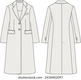 Regular fit women's coat with pockets technical drawing front and back view, outerwear fashion CAD