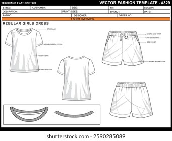 REGULAR GIRLS TEE SKETCH FASHION TEMPLATE TECHNICAL DRAWING ILLUSTRATION