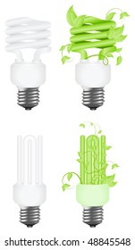 Regular and green floral power saving lamps. Isolated on white background. Vector illustration.