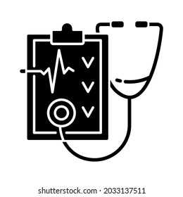 Regular health checkups black glyph icon. Hospital check. Clinical examination. Therapist diagnosis report. Healthy lifestyle. Silhouette symbol on white space. Vector isolated illustration