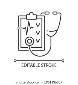 Regular health checkups linear icon. Hospital check. Clinical examination. Health care. Thin line customizable illustration. Contour symbol. Vector isolated outline drawing. Editable stroke