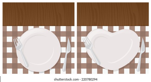 Regular and heart shaped plates, with cutlery