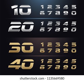 Regular and italic set of metal number. Typography silver and gold numbers. 1, 2, 3, 4, 5, 6, 7, 8, 9, 10. alphabet typeface glowing text effect. vector illustration