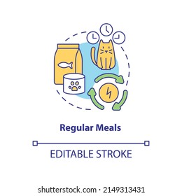 Regular meals concept icon. Keeping indoor cat healthy abstract idea thin line illustration. Normal diet. Canned food. Isolated outline drawing. Editable stroke. Arial, Myriad Pro-Bold fonts used