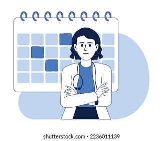 Regular medical examination 2D vector isolated linear illustration. Doctor thin line flat character on cartoon background. Colorful editable scene for mobile, website, presentation