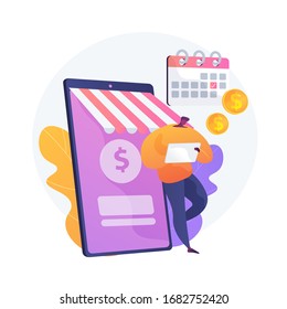 Regular money transfer, cash transaction, planned payment. Online banking, remittance, personal account management. Money addresser cartoon character. Vector isolated concept metaphor illustration.