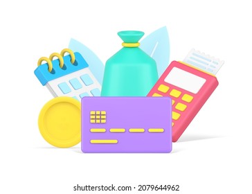 Regular monthly financial payment with sack of money golden coins and calendar reminder 3d icon isometric vector illustration. Credit card POS terminal with paper receipt online banking transaction