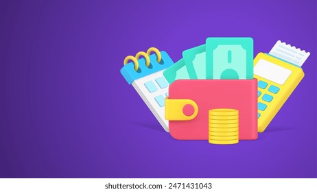 Regular monthly payment for credit or mortgage with calendar and cash money wallet 3d icon vector illustration. POS terminal with receipt e commerce epayment banking financial commitment isolated