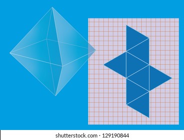 Regular octahedron, polyhedron with eight faces, net on sheet. Vector