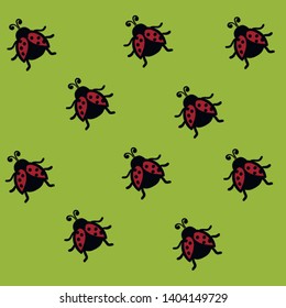 A regular pattern of dome-shaped red ladybugs with black patches has two horns, six walking legs, crawls over green background, vector, color drawing or illustration.