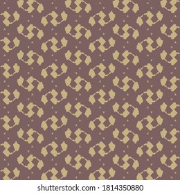 Regular pattern with twisted abstract signs and tiny stars on a purple background. Wallpaper design.