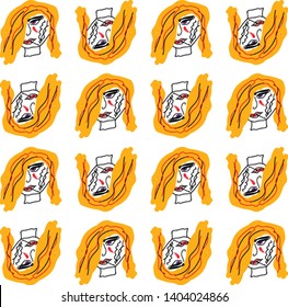 Regular patterns of the face of a smoking woman in yellow hair, displayed in four horizontal rows of alternate up and down positions viewed from the front, vector, color drawing or illustration.