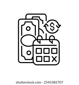 Icono lineal de pagos regulares. Plazo de cobertura. Intervalo determinado. Pago recurrente. Ilustración personalizable de línea delgada. Símbolo de contorno. Dibujo de contorno aislado de Vector. Trazo editable