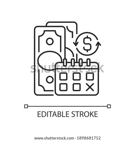 Regular payments linear icon. Coverage term. Determined interval. Recurring payment. Thin line customizable illustration. Contour symbol. Vector isolated outline drawing. Editable stroke