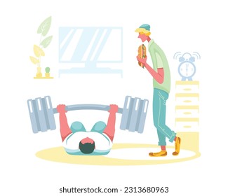 Regular physical activity. Daily exercise, complex of exercises for muscles. Lifting barbell. Guy is holding hot dog. Male character lifting heavy barbell at home