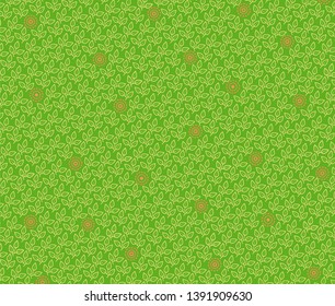 Regular plant pattern - three-leaf and flowers-like - small green leaves and red circles on an artificial green background - vectors