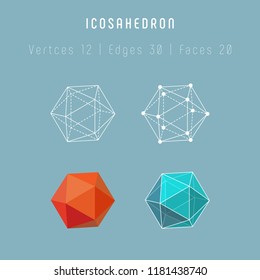 Regular polyhedron icosahedron. One of platonic solids. Vector 3d icons on gray background.