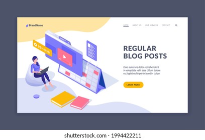 Regular posting information in blog. Woman blogger uploads new video to online channel. Social marketing to attract new viewers and subscribers. Vector isometric landing page template