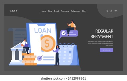 Regular Repayment concept. Individuals manage loan documentation, while illustrating timely payments and financial responsibility. Trust in lending. Flat vector illustration.
