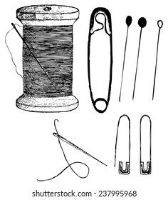  regular safety pins, needles and thread, vector