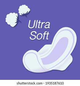 A Regular Sanitary Pad On An Isolated Background. Woman Hygiene, Intimate Hygiene, Hygiene Pad. Sanitary Towel And Pad Woman Hygiene. Text Ultra Soft. Vector Illustration Baner Icon Logo Card