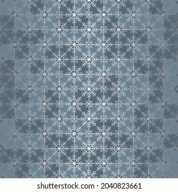 Regular seamless snowflake texture on greyish blue background. Elegant silver foil vector pattern for wrapping paper, textile and paper prints, invitations and gift boxes. 