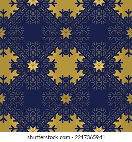 Regular seamless snowflake texture on blue background. Elegant gold foil vector pattern for banners, greeting cards, Christmas and New Year cards, invitations and paper packaging.