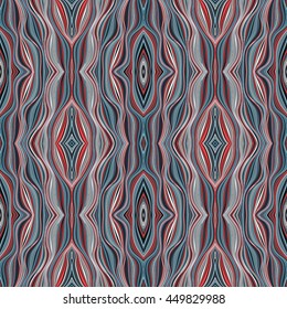 Regular seamless weaving pattern in boho style. Vector background from interwoven multicolored strips  with folk motifs. Motley abstract  texture