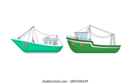 Regular Ship with Cabin and Mast as Water Transport Vector Set