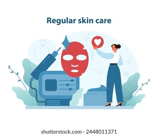 Regular skin care. A woman symbolizes nurturing skincare routines, with technology aiding in beauty and health. Vector illustration.
