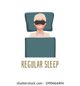 Regular sleep for seniors - old man in sleeping mask lying in comfortable bed. Top view of elderly person lying on his back with eye cover, isolated vector illustration.