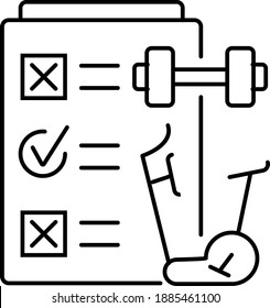 Regular sport exercises icon in line style. Planner, dumbbell, elliptical cross trainer, exercise bike are shown.