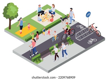 Regular sport physical activity people isometric composition with people relaxing and practicing on lawn and pavement vector illustration