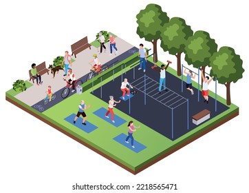 Actividad física deportiva regular personas composición isométrica con paisaje exterior y área de juego atlética con personajes humanos ilustración vectorial