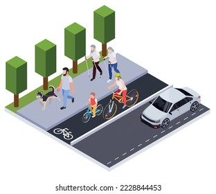 Regular sport physical activity people isometric composition with bike lane and pavement with walking human characters vector illustration