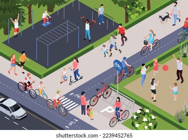 Regular sport physical activity people isometric composition with view of outdoor athletic ground and bike lanes vector illustration