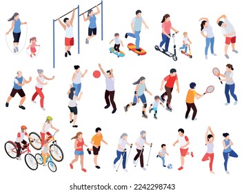 Regular sport physical activity people isometric set of isolated human characters with sports equipment and uniform vector illustration