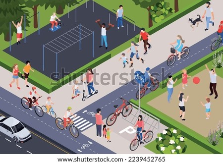 Regular sport physical activity people isometric composition with view of outdoor athletic ground and bike lanes vector illustration