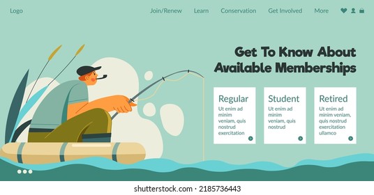 Regular, student and retired available fishing membership. Fisherman with rod by river or lake catching fish. Local club, rental equipment for leisure and pastime on nature. Vector in flat style