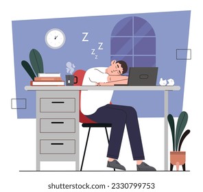 Regular student sleeps concept. Young guy lies at table in office or home. Tired and overworked person. Distance education or work, student or freelancer. Cartoon flat vector illustration